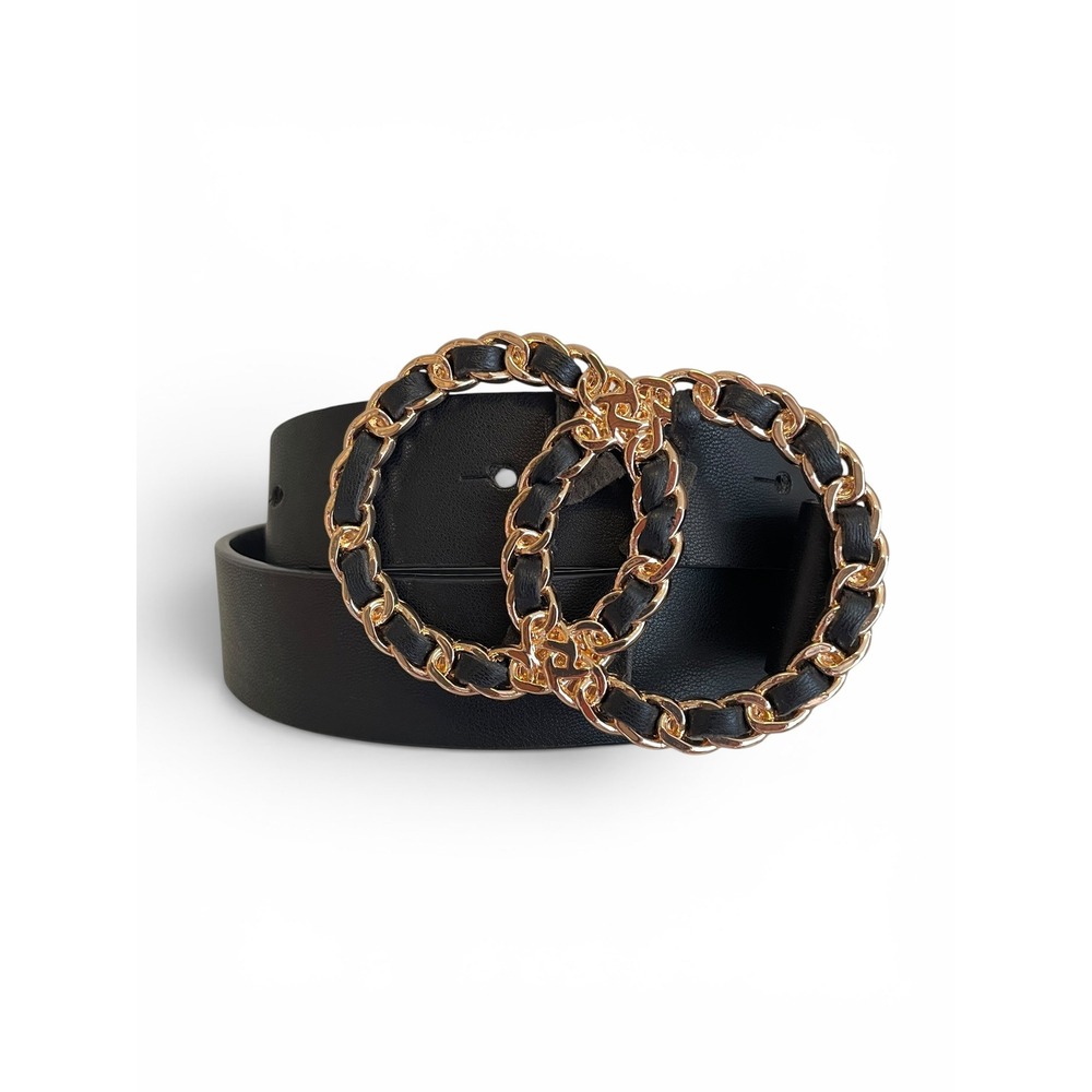 Juicy Couture Interlocking Double Ring Ribbon Belt JCB-268 Black Gold Y2K‎ S/M